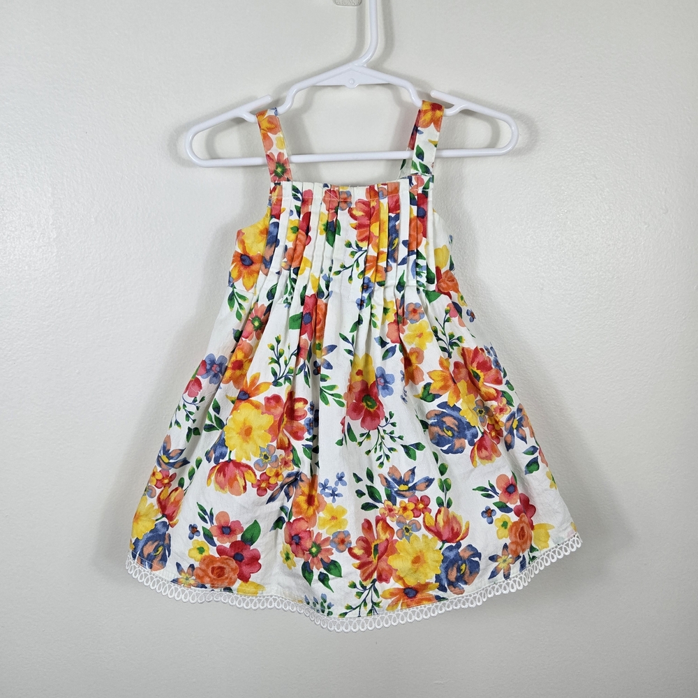 Shabby Chic Baby Girls White Bright Floral Sleeveless Pintuck Dress 12Mo Cottage